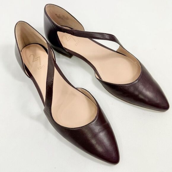 27 Edit Dark Maroon Leather Pointed Toe Asymmetrical Mary Jane Ballet Flats NWOT - Picture 1 of 12